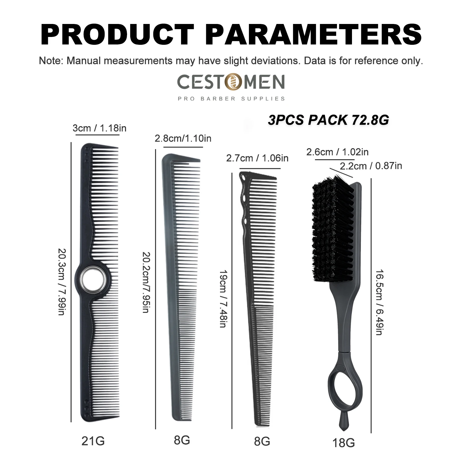 3-teiliges neues Profi-Friseurwerkzeug-Set, drehbare Doppelzahn-Haarschneidekämme, rotierende Mini-Fade-Haarbürste, antistatischer Taper-Kamm zum Stylen – Detail 2