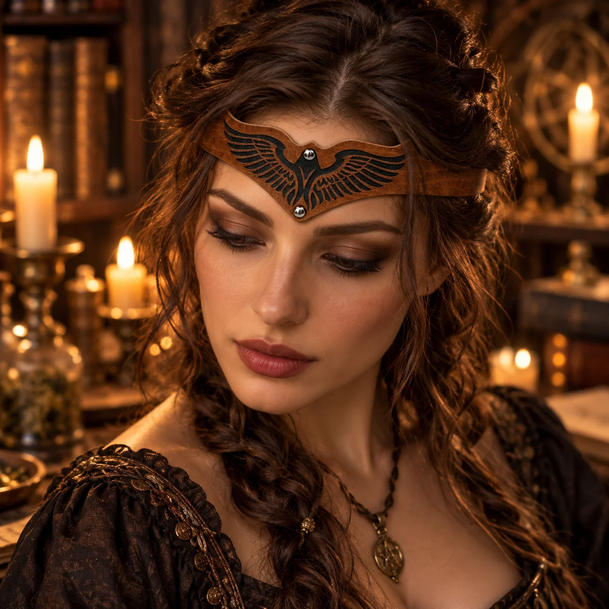 Medieval PU Leather Elf Headband Brown Green Wing Headpiece for Women, Forest Elf Fairy Ranger Renaissance Faire LARP Halloween