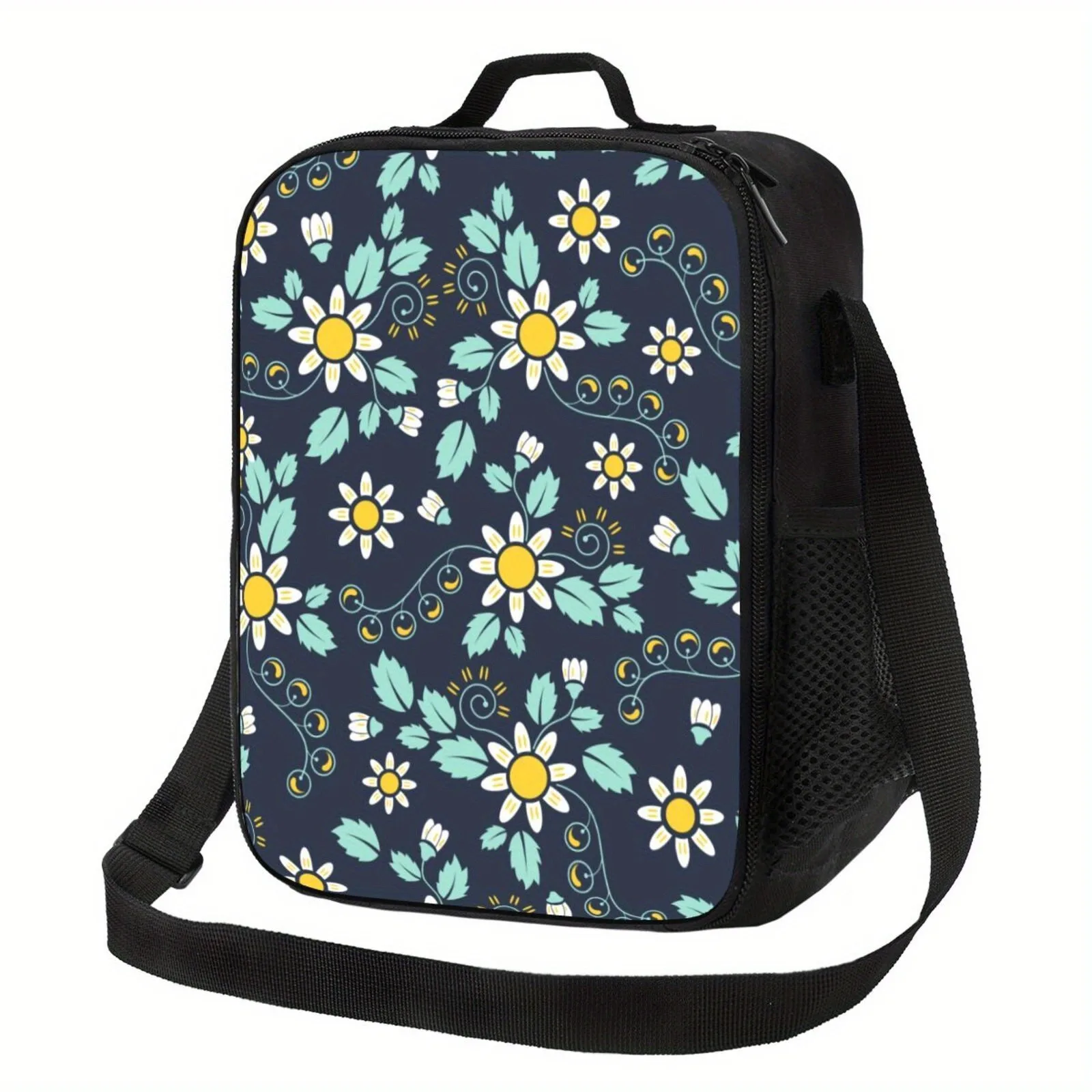 Daisy Print Reusable Lunch Tote Bag Oxford Fabric Insulated for Work Travel Picnics