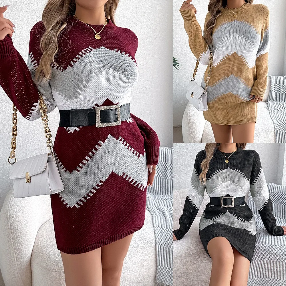 Vestido Casual para Mujer, Cuello Redondo, Manga Larga, Tipo Suéter, Mini, Tejido, con Cinturón, Color Granate