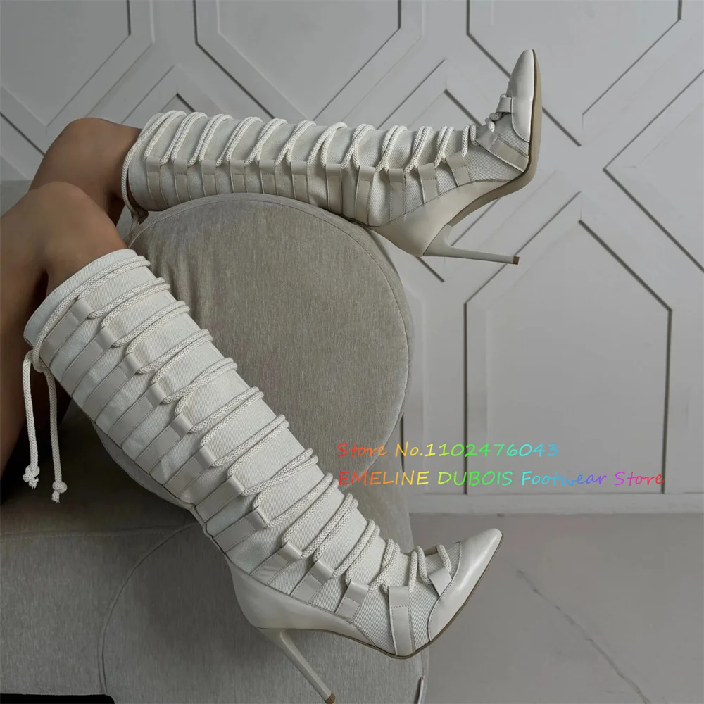 White Knitted Lace-Up High High Boot Women Pointed Toe Stiletto Heel Patchwork Cross Tied Autumn Ladies High Heel Long Boot