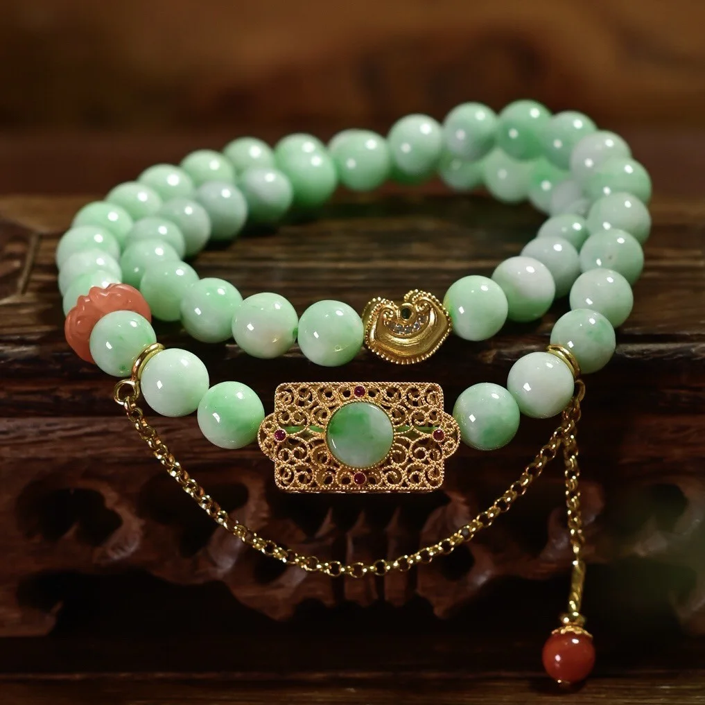 Natural Bean‑Green Floating‑Flower Jadeite Bracelet S925 Silver‑Gilt, Red Agate Dragon Safety Buckle, Chinese‑Style Gem Bracelet