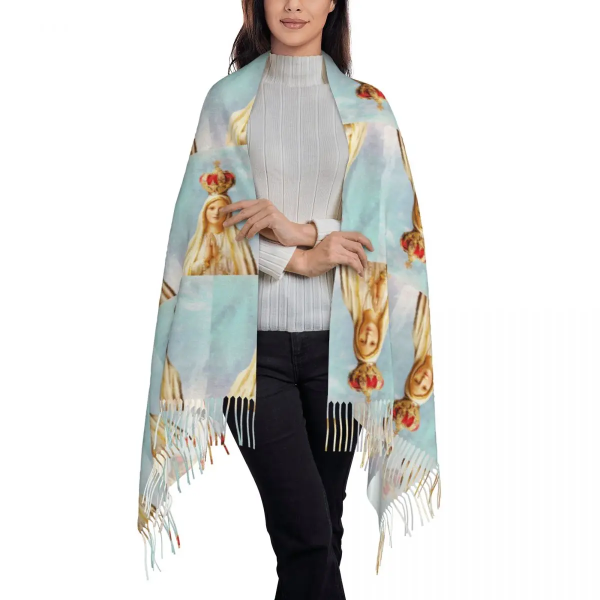 Our Lady Of Fatima Scarf Tassel Scarves for Women Soft Warm Shawls and Wraps Large Fall Winter Shawl Wrap