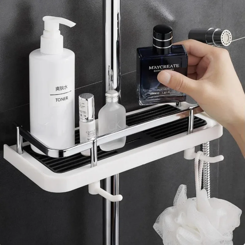 3 in 1 Bathroom Shelf Simple No-Punch Square Shower Rod Shower Rod 360° Rotating Hook Multifunctional Shower Storage Tray