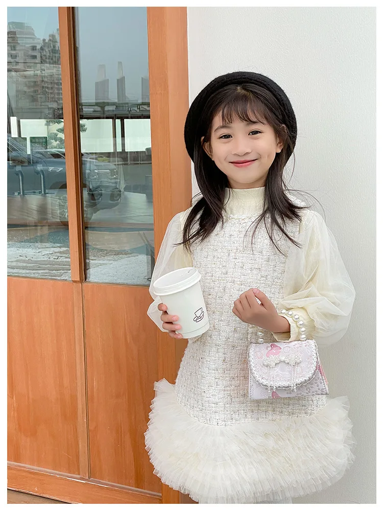 حقائب يد للأطفال بسلسلة بمقبض لؤلؤي، حقيبة كروس للأميرة للبنات مطرزة بالزهور الصينية الجديدة، حقائب كتف للأطفال من الدانتيل الحلو