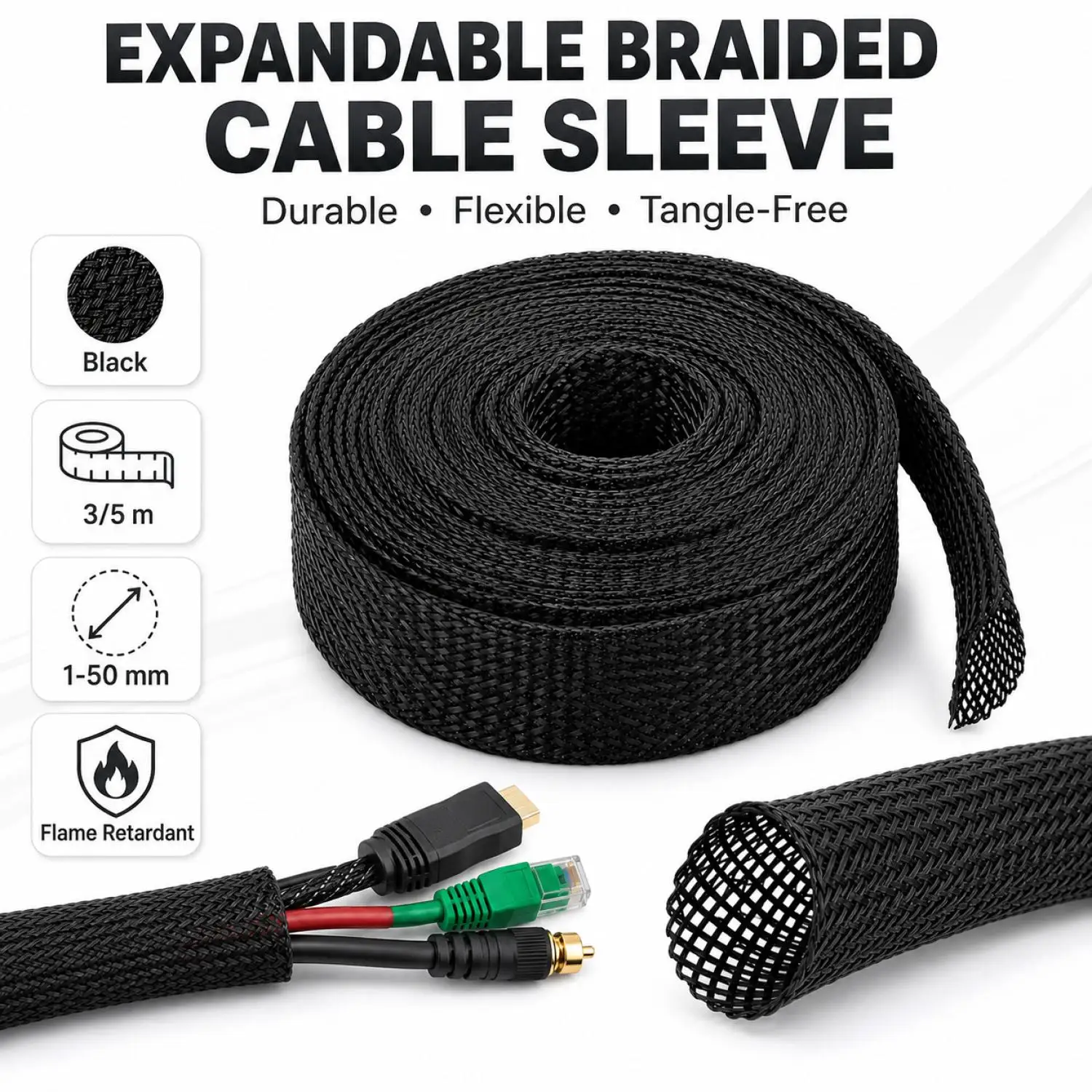 1-3Roll 3/5meter PET Black Braided Cable Sleeve, Expandable Flame Retardant Insulated Nylon Tube Wire Protector Organizer