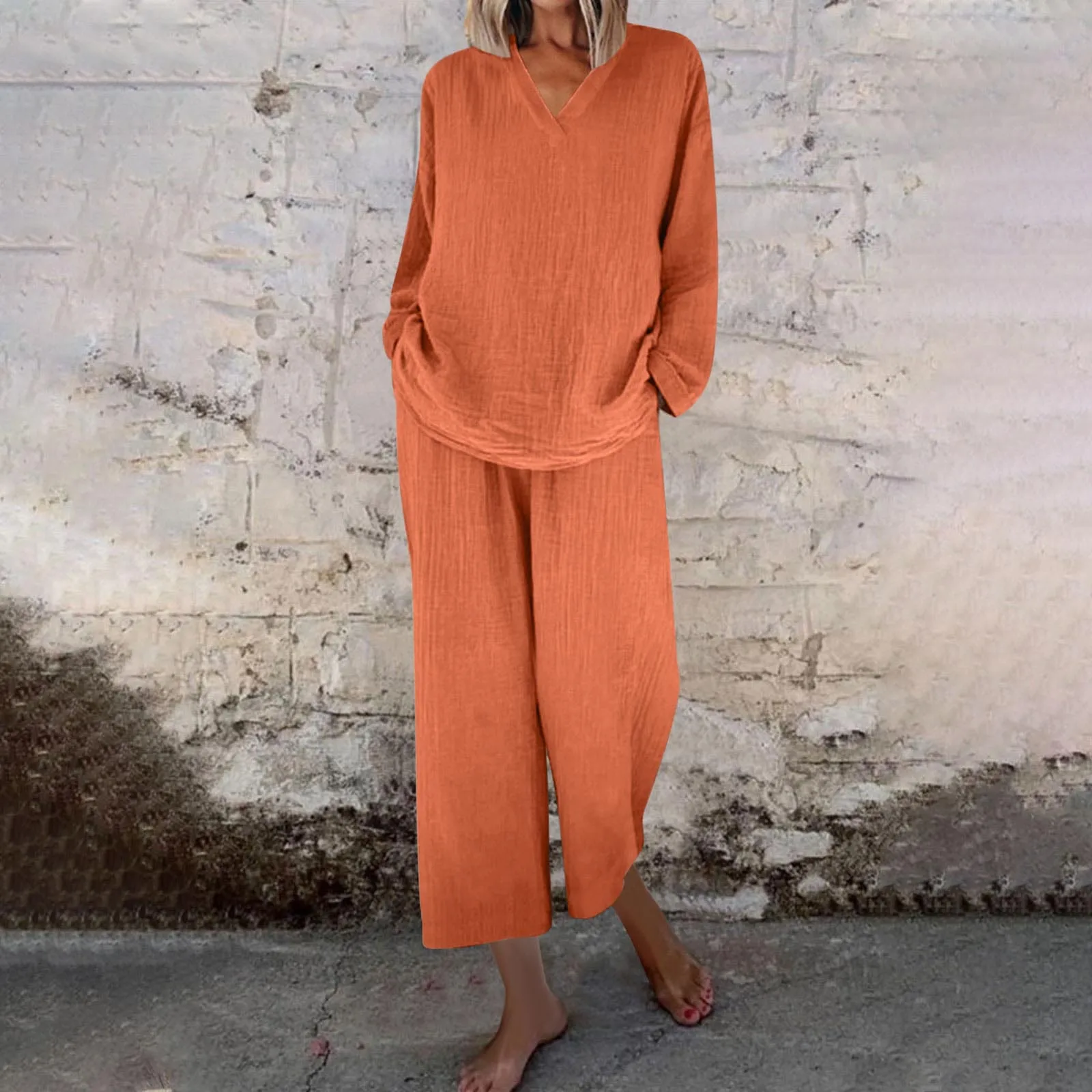 

2025 Summer New Elegant Cotton Linen 2-piece Set V-neck Pullover Top Long Pant Set Women Casual Long Sleeve Loose Solid Outfits