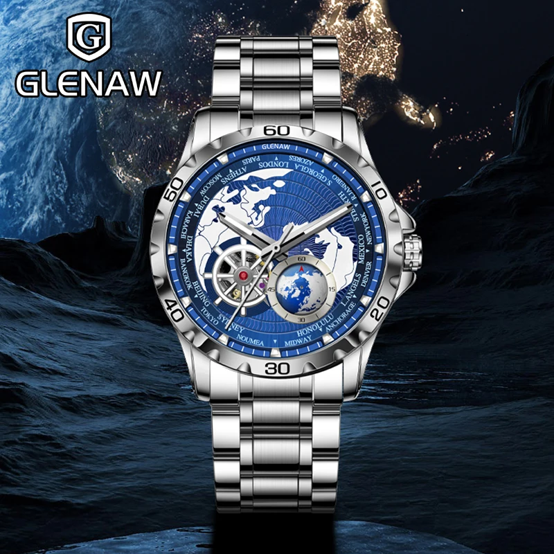 2025 New GLENAW Earth Series Mechanical Watch Men Rotating Earth Dial Night Light Waterproof Top Luxury Design Mechanical Watch