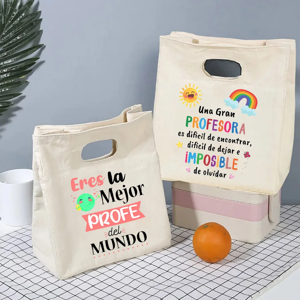 Best Teacher in The World Spanish Print Drinks Cooler Bag Insulated Canvas Lunch Bag Picnic Food Storage Bags Gifts for Teacher