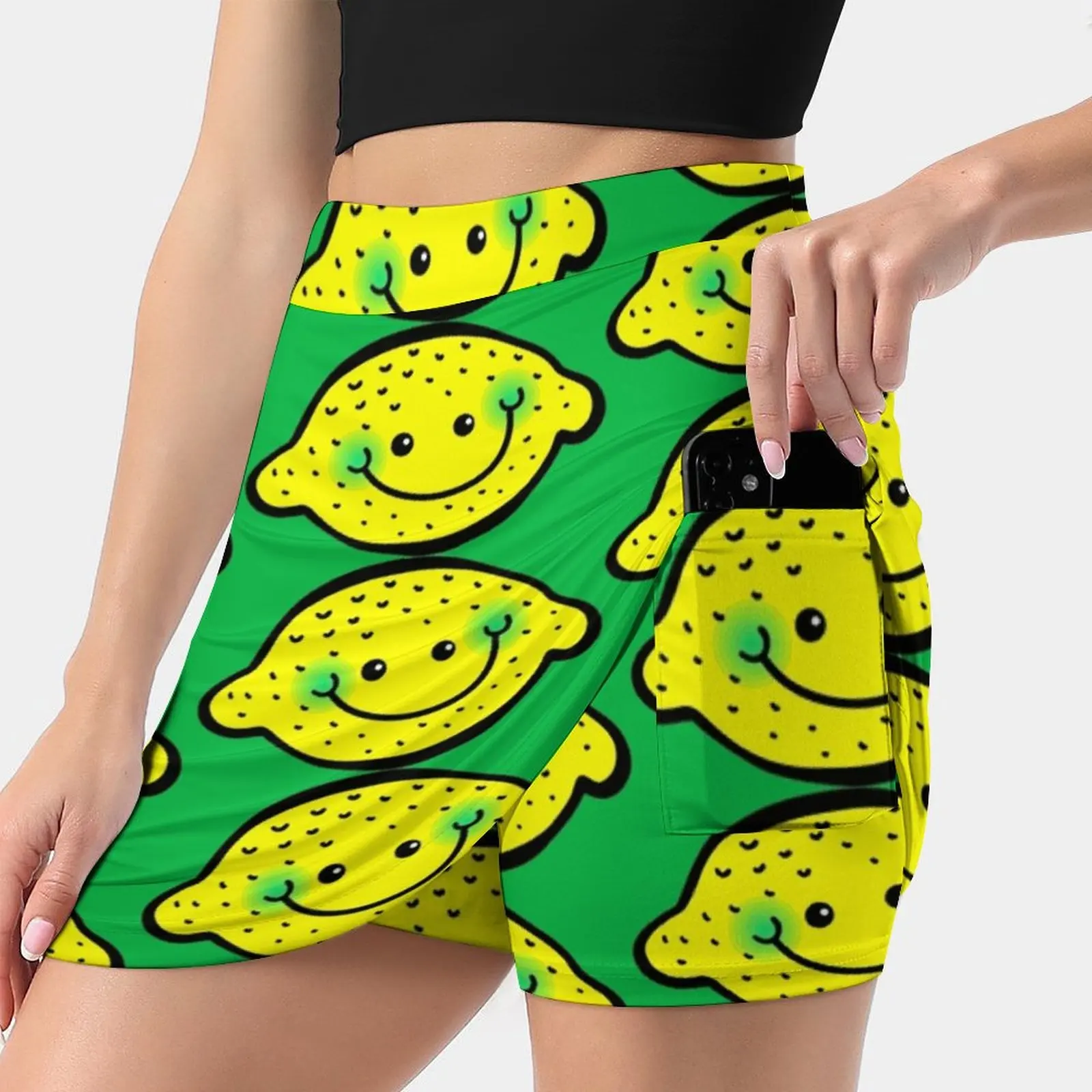 Happy Citrus Lemon Cartoon Doodle Women's skirt With Hide Pocket Tennis Skirt Golf Skirts Badminton Skirts Running skirts Fruit