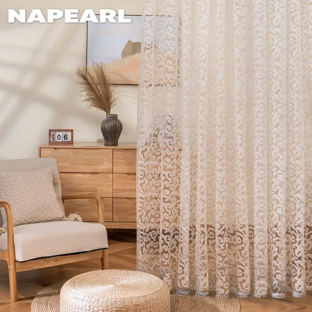 NAPEARL Hollow Cut Flower Curtains Dustproof  Light Permeable Jacquard Polyester Fabric Sheer Tulle Curtains For Living Room