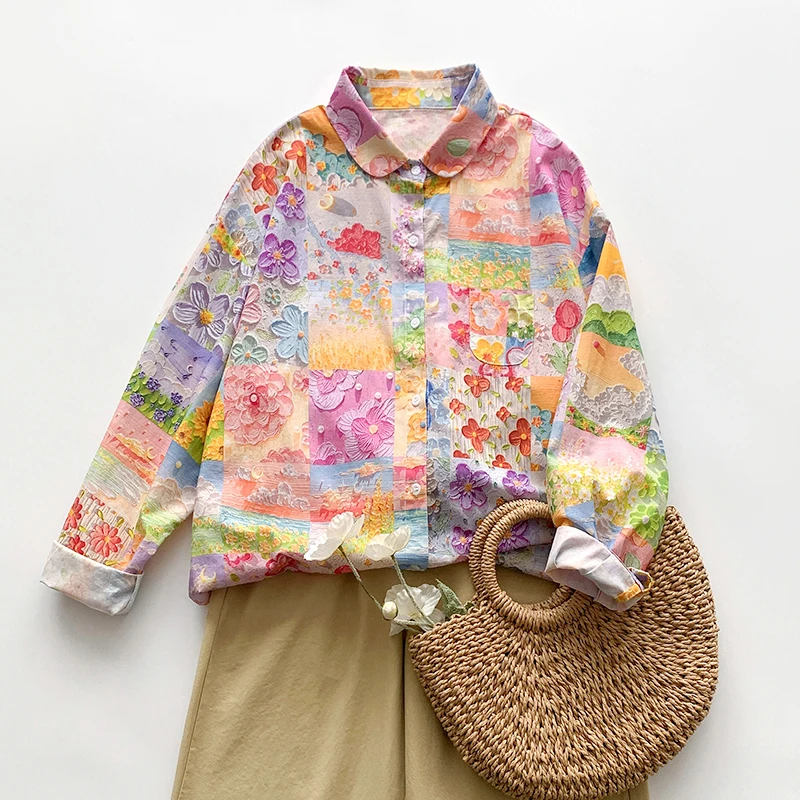 ربيع 2025 المرأة فضفاضة تناسب طويلة Sve القطن الخالص irt عادية خمر النفط اللوحة طباعة تنوعا ملابس مكتب مريحة