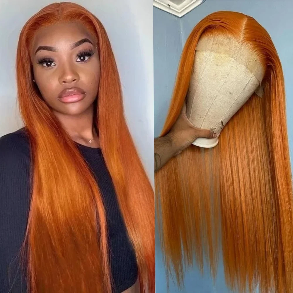 

Оранжевый прямой парик из синтетических волос с кружевной передней частью, бразильские парики с предварительно выщипанной линией роста волос, безклеевые парики для женщин, для косплея