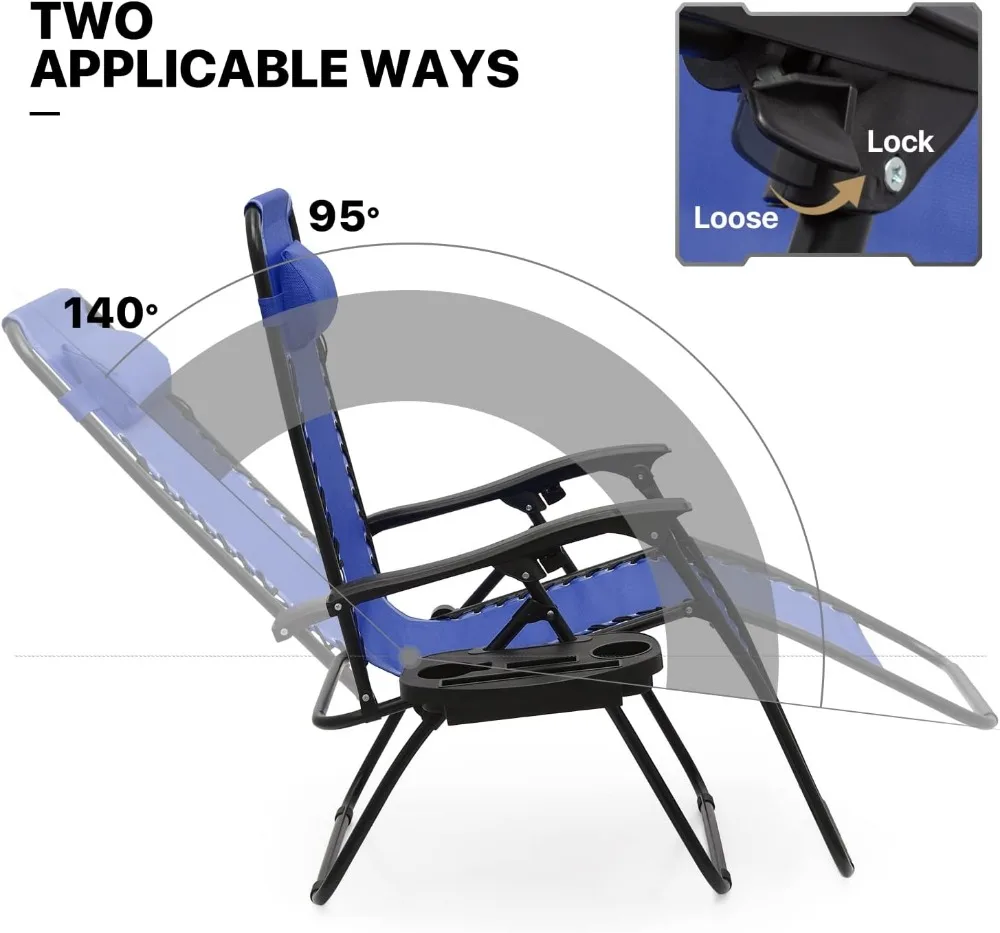 مجموعة كراسي Zero Gravity مكونة من كرسيين للاستراحة قابلين للطي في الهواء الطلق مع صينية للبالغين في حمام السباحة على الشاطئ