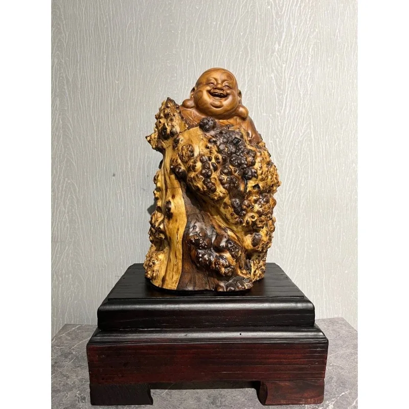 Poplar Maitreya Buddha carving ornament root carving solid wood handicrafts home living room decoration