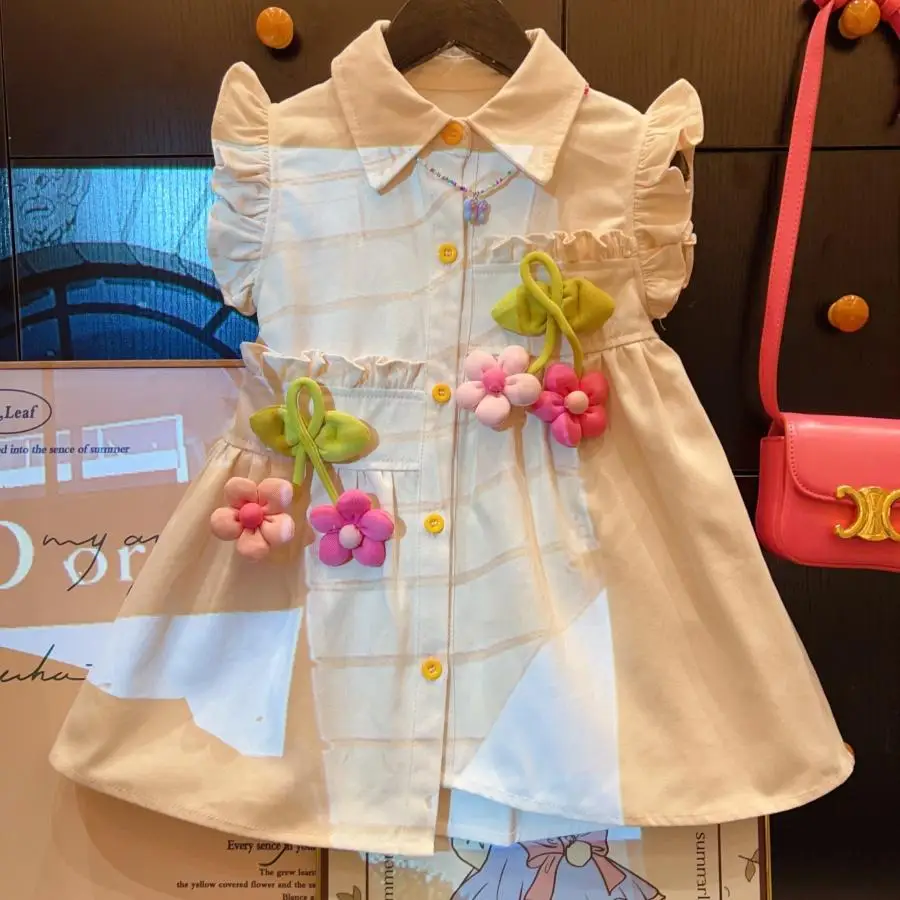 new-stereoscopic-2025-sunflower-short-sleeved-shirt-dress-with-lapel-dress-90-130cm-girls'-skirt