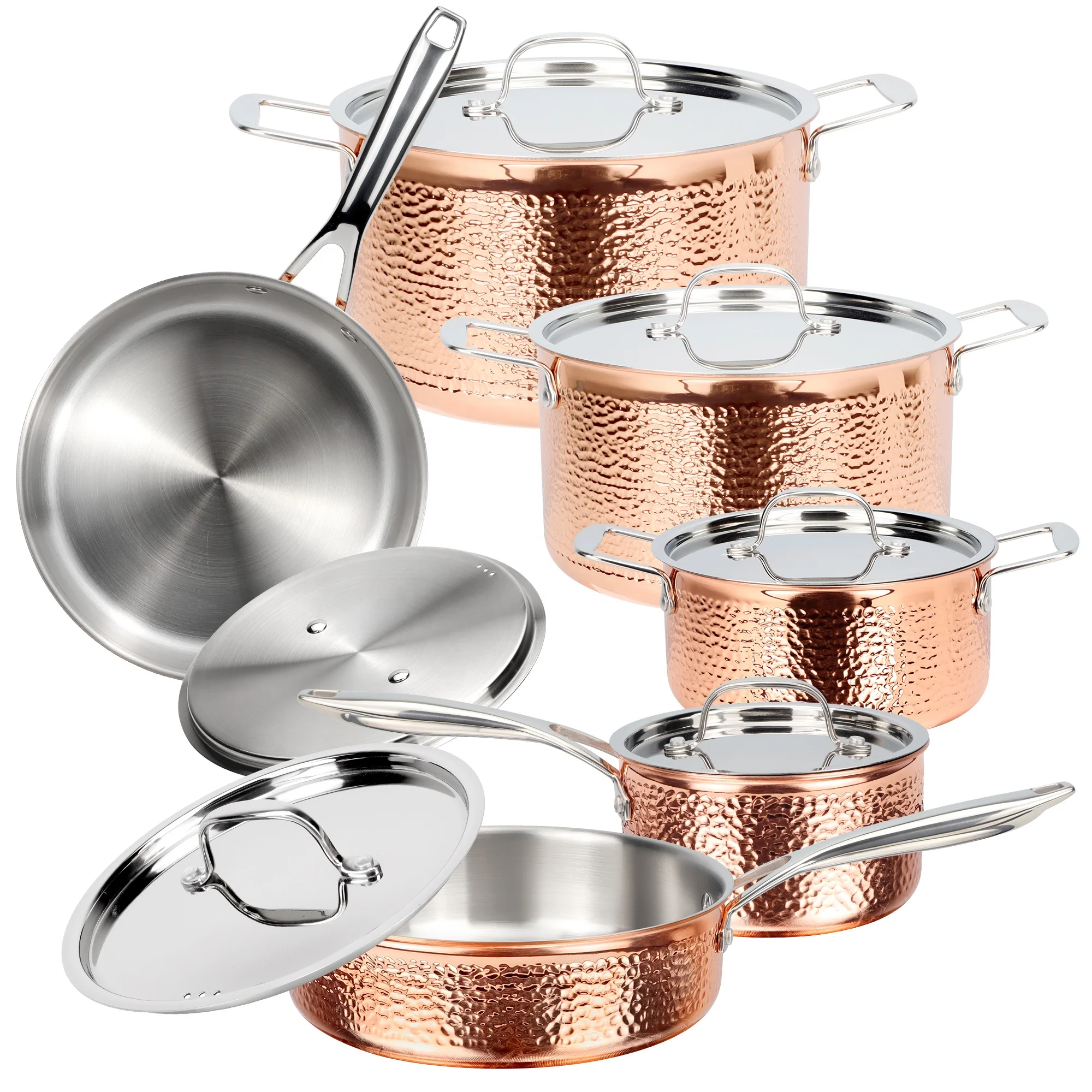 12pcs Straight Shape Kitchenware Pot 3 Ply Stainless Steel Copper Cookware Set With Hammer Design