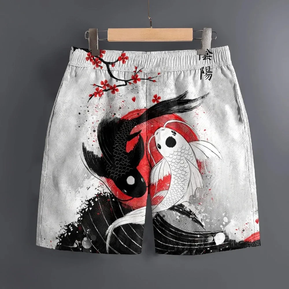 Ukiyo-e Red Sun Koi 3D Printed  Men's Loose Shorts for Summer Fashion, Casual, Breathable,  Quick-Drying Beach and Sports Shorts