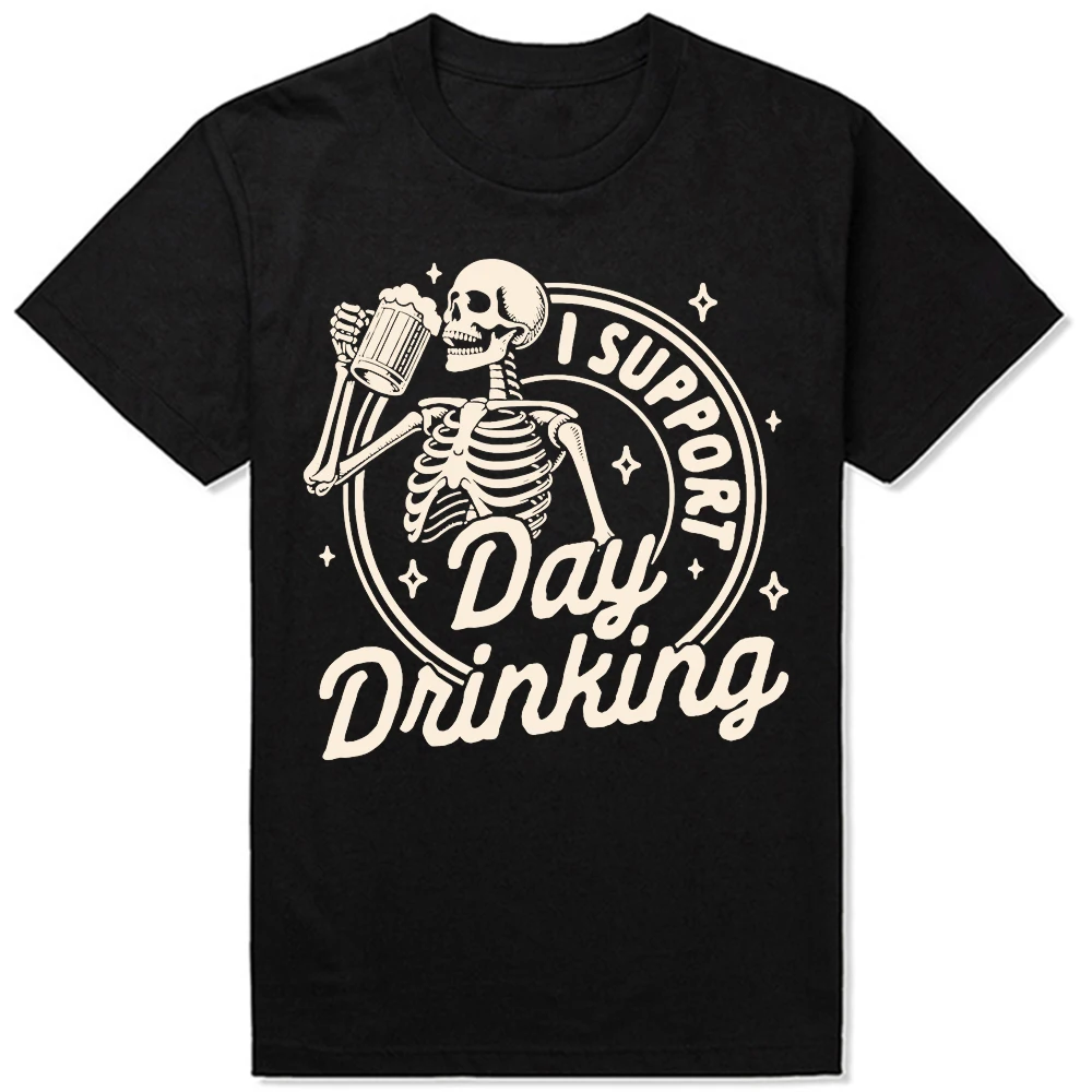 Bierliebhaber Trinkparty Skelett Ich unterstütze den Tagesdrink T-Shirts Herrenbekleidung Mode Lässig Locker Übergroßes Weiches T-Shirt – Detail 3