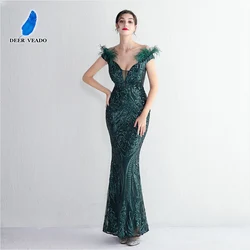 DEERVEADO Luxury Sequin Evening Dress with Feathers Women's Off Shoulder Formal Dress Long Special Occasion Party Dresses