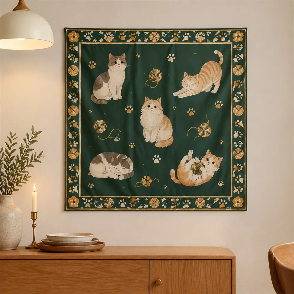 VIKAMA Cute Cat Tapestry Wall Hanging, Hand Drawn Animal Wall Art, Pet Lover Decor for Bedroom Living Room Nursery Kids Room