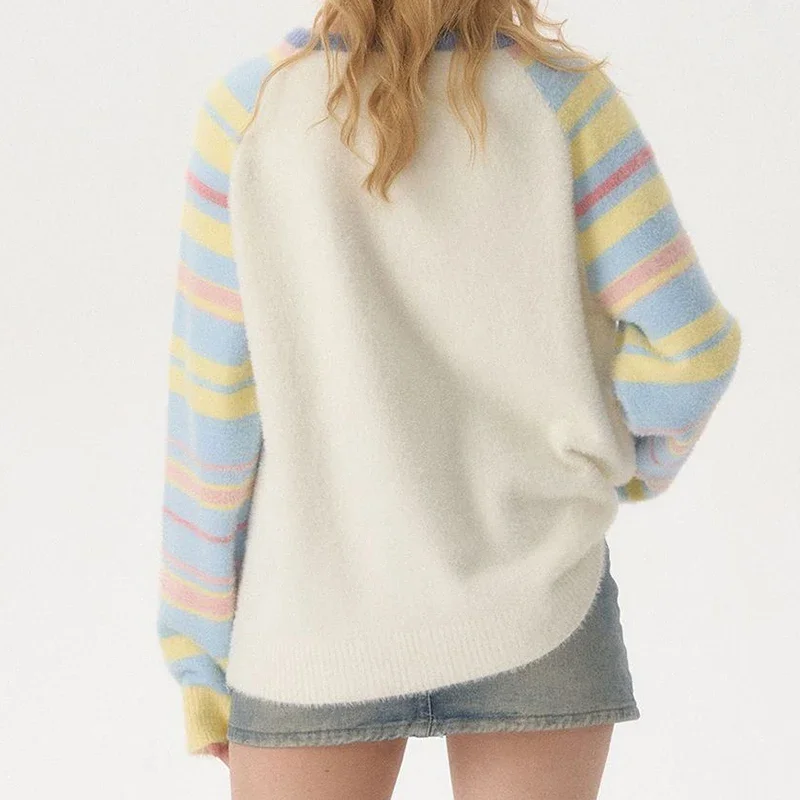 Dopamine sweater rainbow striped sweater women's sweater wind shoulder new long-sleeved lazy autumn and winter stitching top