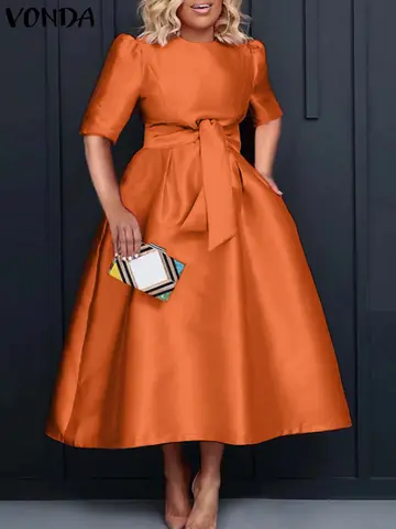 Sommarkvällsklänning 2025 Kvinnor Sexig Puffärm Fläckig Klänning VONDA Strandklänning Casual Lös Robe Femme Vestidos 8 best sales bränd orange mantel - №2