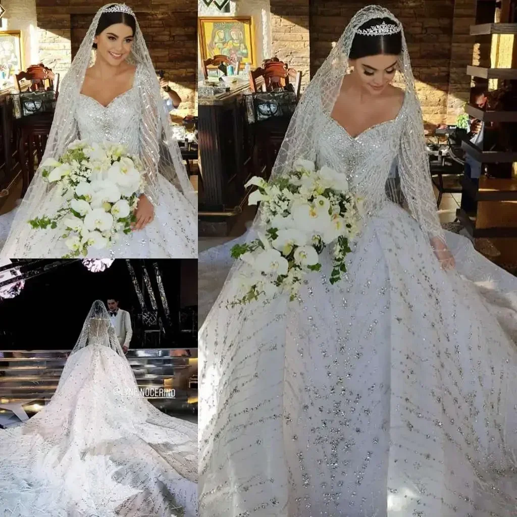 Customized  Sweetheart Sparkly Crystals Beads Wedding Dresses Vestidos Noivas Cathedral Train Ballgown Long Sleeves Bridal Gown