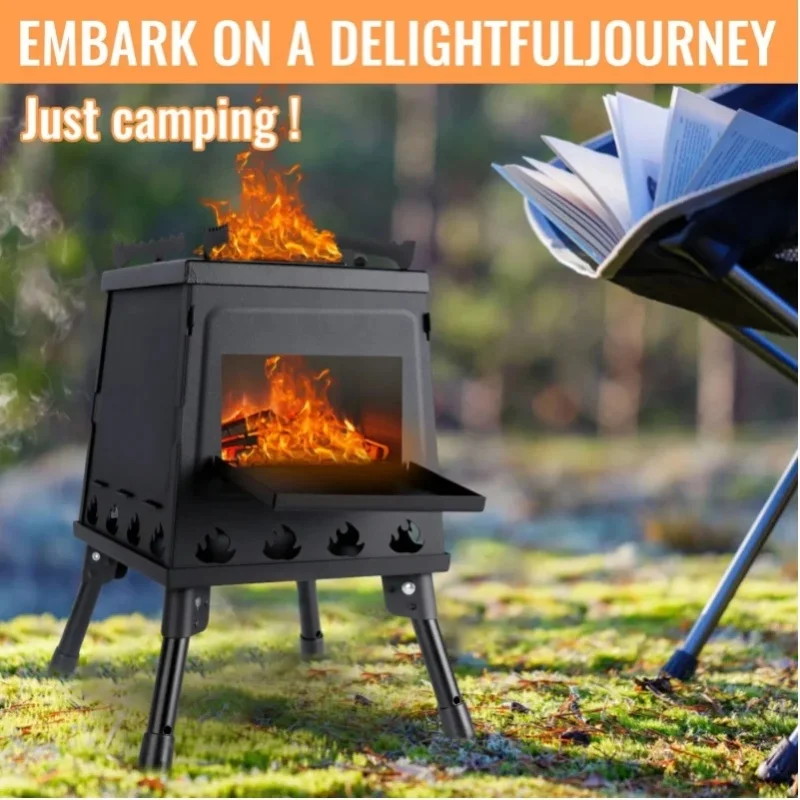 Klappbarer Camping-Holzofen aus Kohlenstoffstahl, tragbarer Outdoor-Überlebensofen mit klappbaren Beinen, verstellbarem Topfhalter zum Kochen, Grillen und Heizen, inklusive Tragetasche