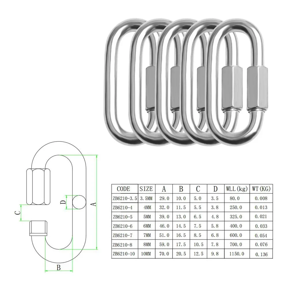 304 Stainless Steel Oval Quick Links Safety Snap Hook Climbing Carabiner Lock Buckle M3.5/M4/M5/M6/M7/M8