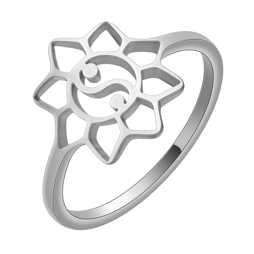 QIMING Lotus Flower Yin Yang Ring Women Taoist Zen Mandala Spirit Stainless Steel Jewelry Finger Yoga Rings