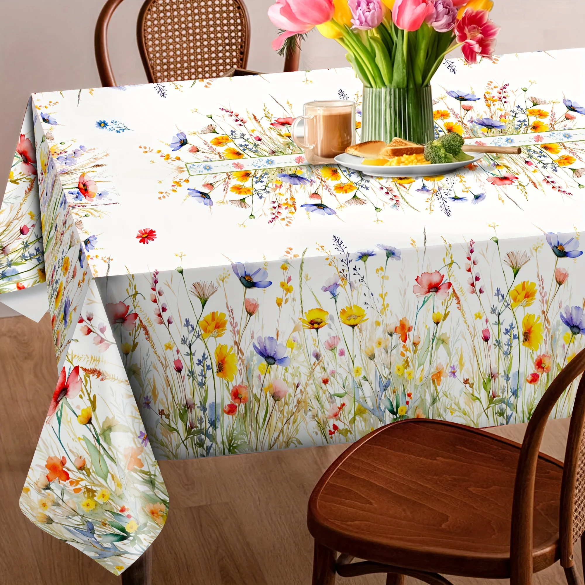 2D Printed 59x59in/150x150cm Spring Color Floral Rectangular Tablecloth - Machine- Polyester, Vibrant Flower Pattern, Durable and Easy to Clean, Suitable for Dining Tables, Home Decor, Elegant Natural Style Design, Easy Maintenance
