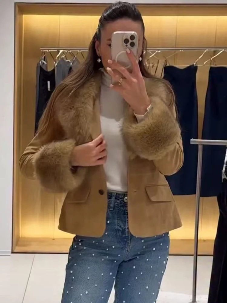 TFMLN moda mujer empalme abrigo con cuello de piel sintética elegante manga larga cuello pico cálido chaqueta ajustada mujer invierno fiesta ropa de calle