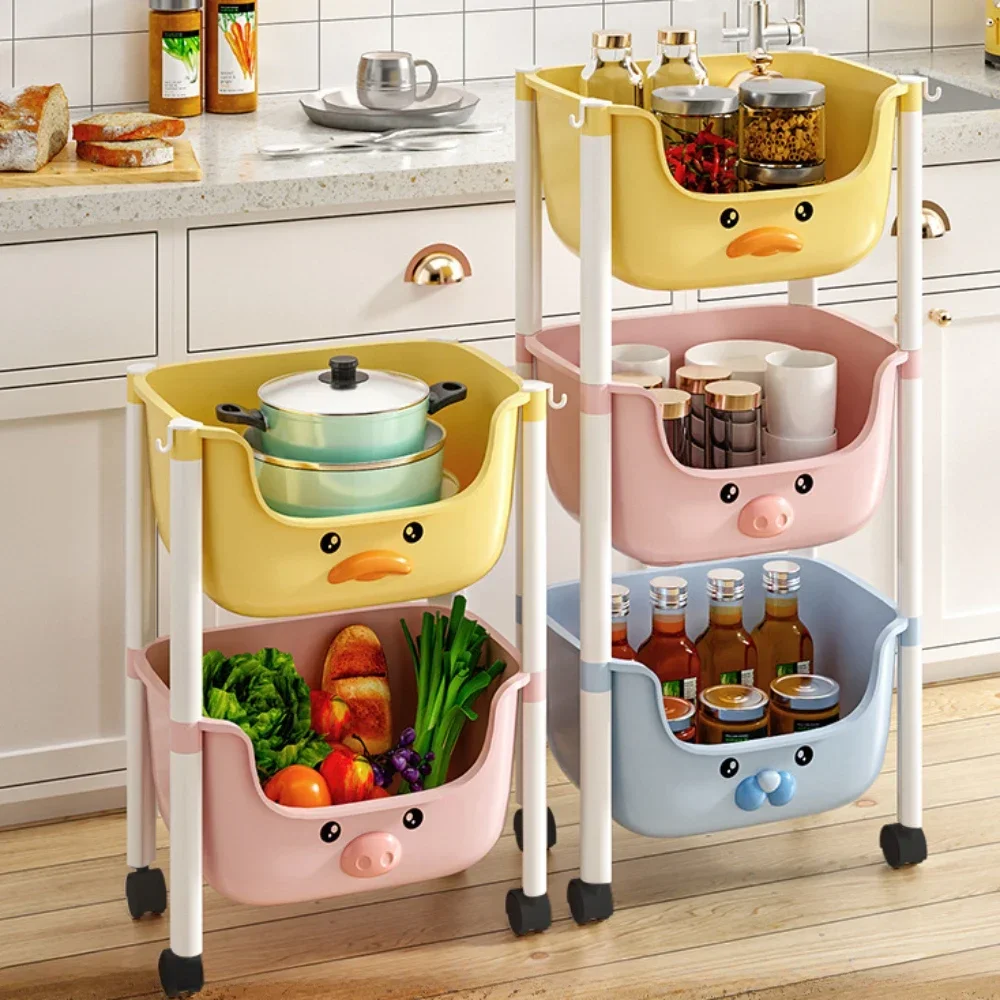 Kitchen Storage Cart Cartoon Bookshelf Trolley Snacks Book Sorting Rack 4-Tier Multi-Functional Household Mobile Storage Cart