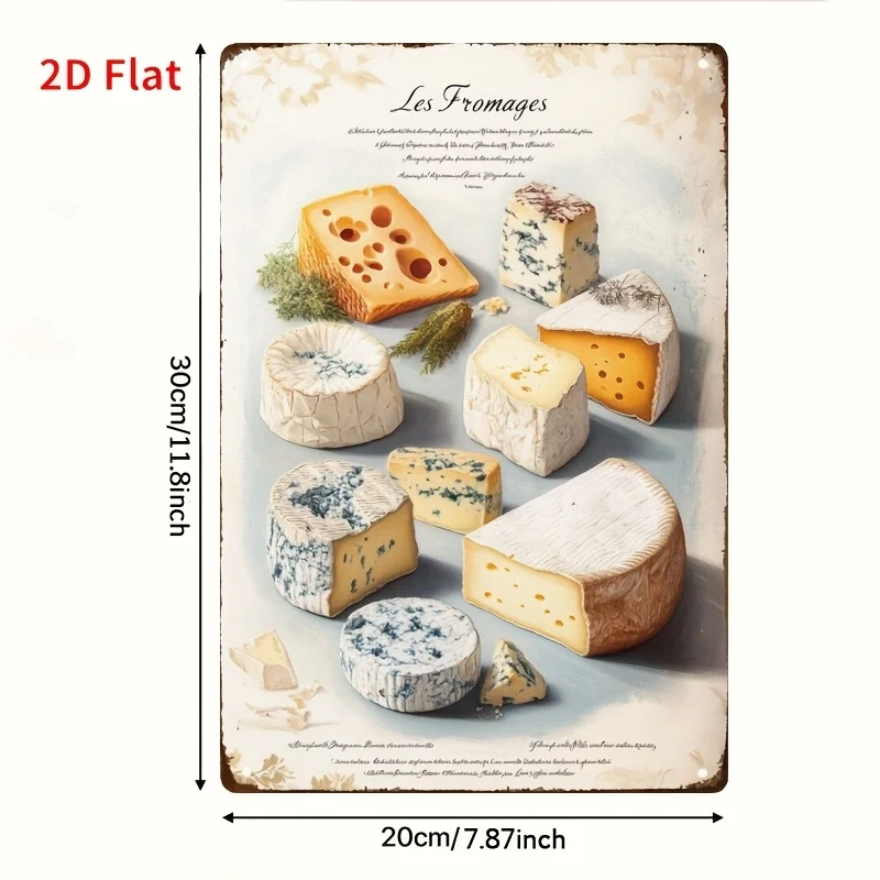 2D Flat - Metal And Iron Logo Decorations Printed in 2D, Featuring Vintage Cheese Poster Art Illustrations, Measuring 7.87X11.8