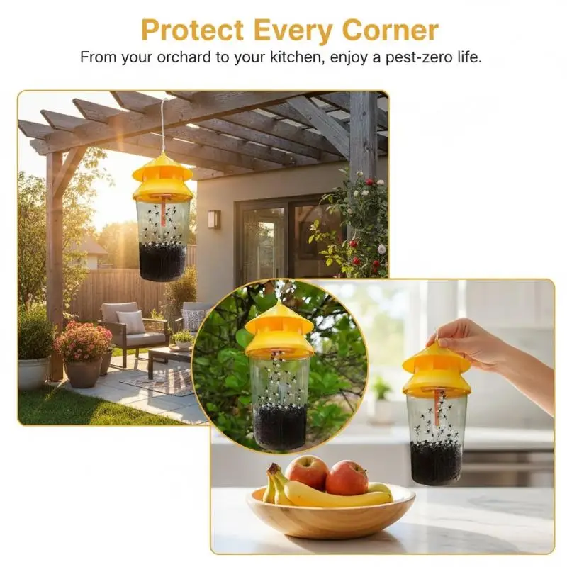 Fruit Fly Trapper with Food-Safe Attractant Hanging Effective Fly Catcher for Indoor Outdoor Patio Orchard Pest Control