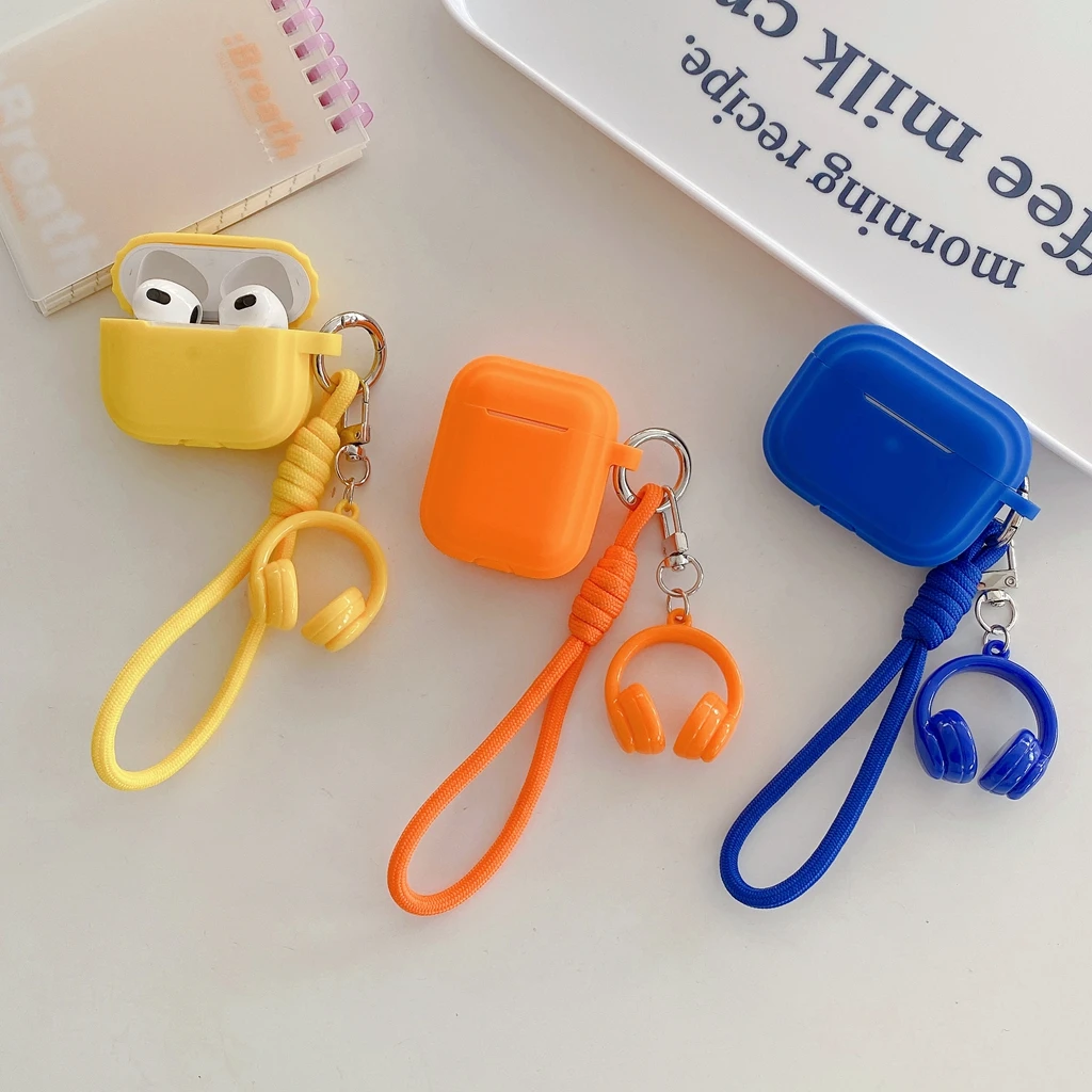 Modische Klein Blaue Hellgelbe Orange Silikon Softshell Schutzhülle mit Lanyard für AirPods 3 4 5 Pro2 Pro3