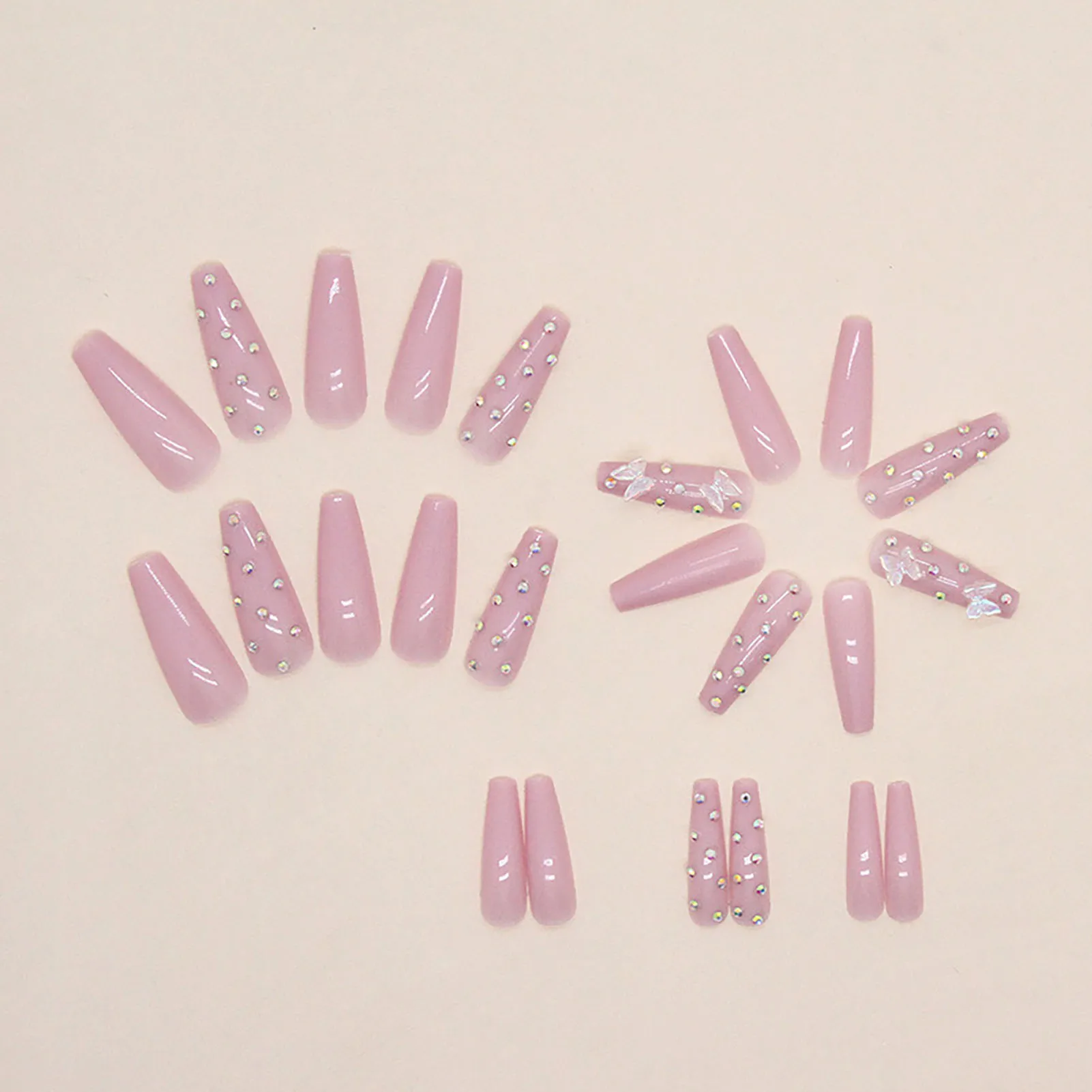 Long Ballerina Glossy Press-on Nail Easy Removal False Nail with Rhinestones for Nail Art Manicure Decoration