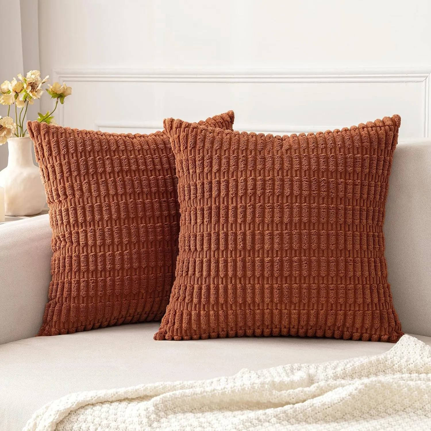 2 Pack Neutral Decorative Throw Pillow Covers 18x18 Inch for Living Room Couch Bed Sofa, Rustic Farmhouse Boho Home Decor