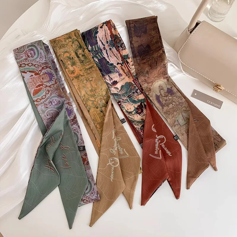 

New Chinese retro silk scarves Dunhuang art long strips elegantly tied and wrapped hair ribbons
