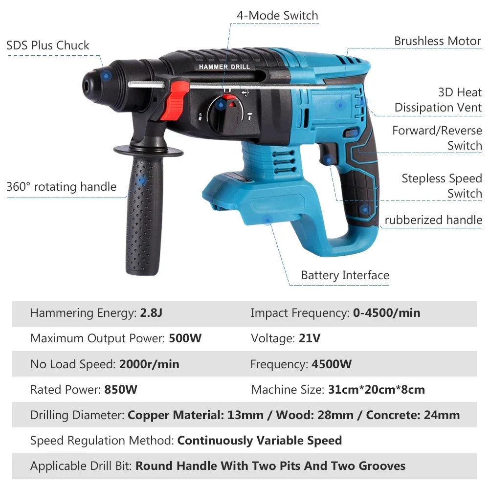 Taladro de Martillo eléctrico sin escobillas, herramienta rotativa inalámbrica, batería de litio recargable, 25mm, 850W