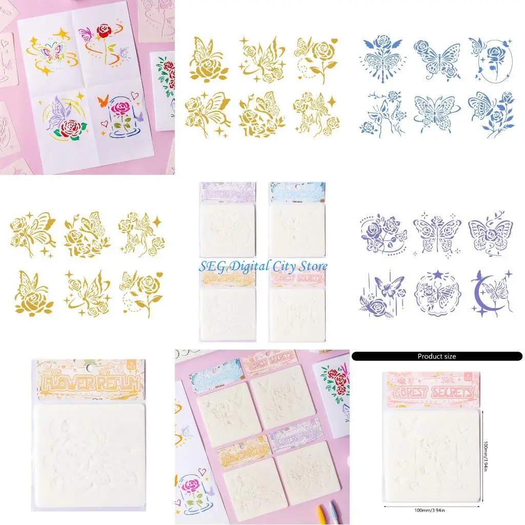 

U75B 6 Pcs Flowers Stencils Scrapbook Journal Stencils Forests Garden Drawing Stencils Butterfly Art Templates