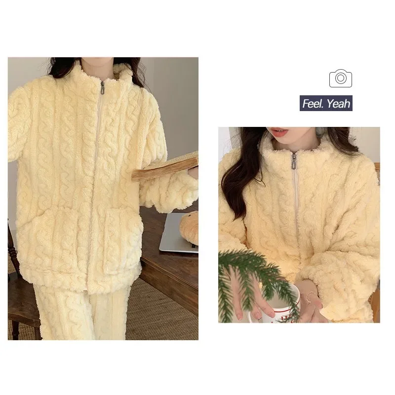 Pijama de terciopelo Coral para mujer, ropa de estar por casa con cremallera gruesa, cuello alto, color amarillo crema, se puede usar al aire libre, Otoño e Invierno