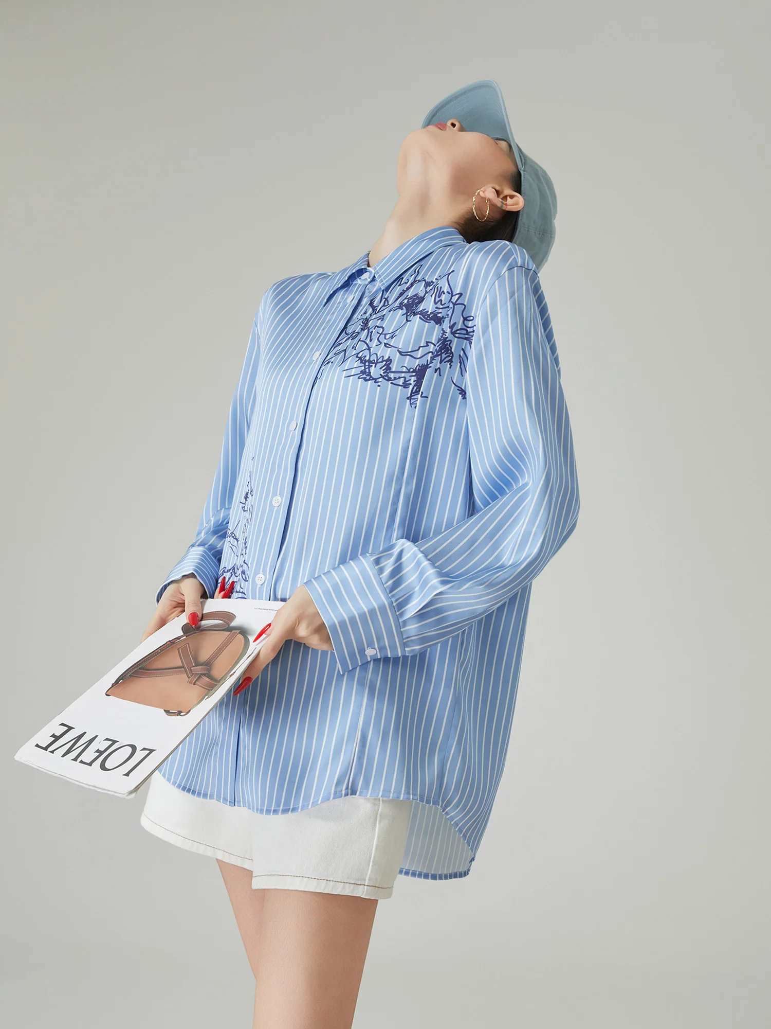 

Blue Striped Loose Women's irt Spring Summer New Sle Slimming Printed Casual Faion Polyester Long Sve Busin Wear