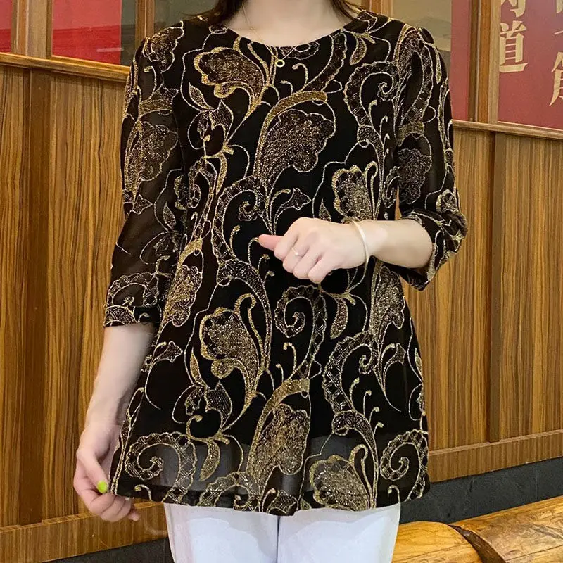 

Vintage Plant Printed T-shirt Fashion Bright Silk Women's Clothing All-match Loose Summer Half Sleeve O-Neck Pullovers JJ120