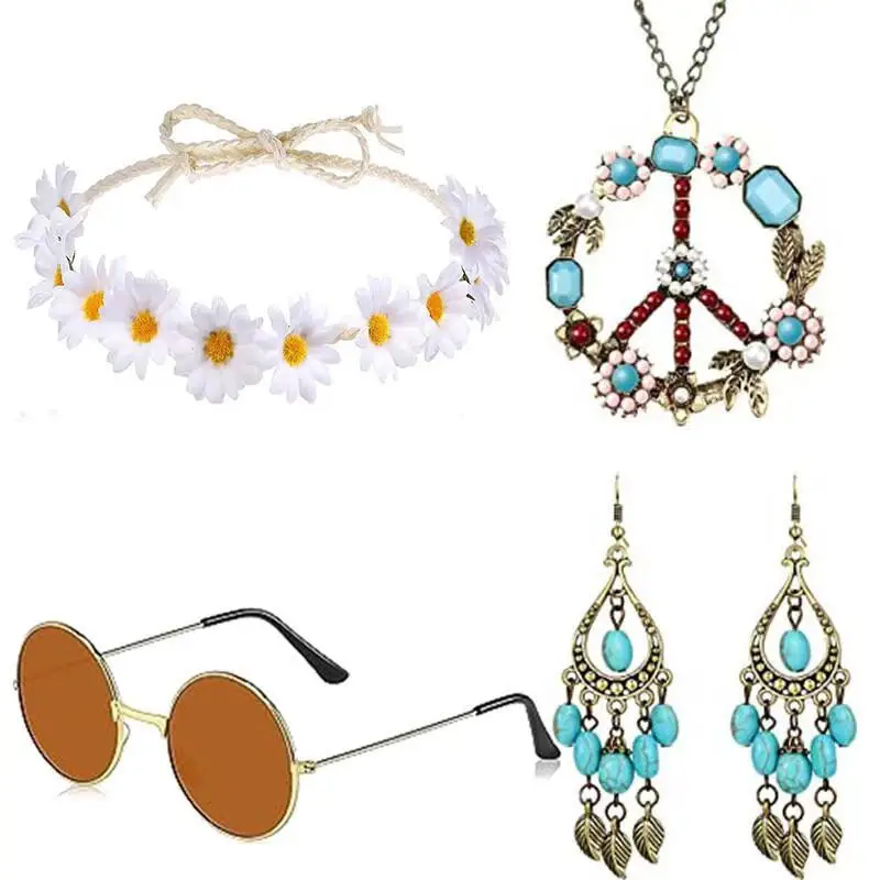 70 80s Boho Hippie Jewelry Set Flower Crown Round Sunglasses Turquoise Peace Sign Necklace Dangle Earrings Halloween Party Suit