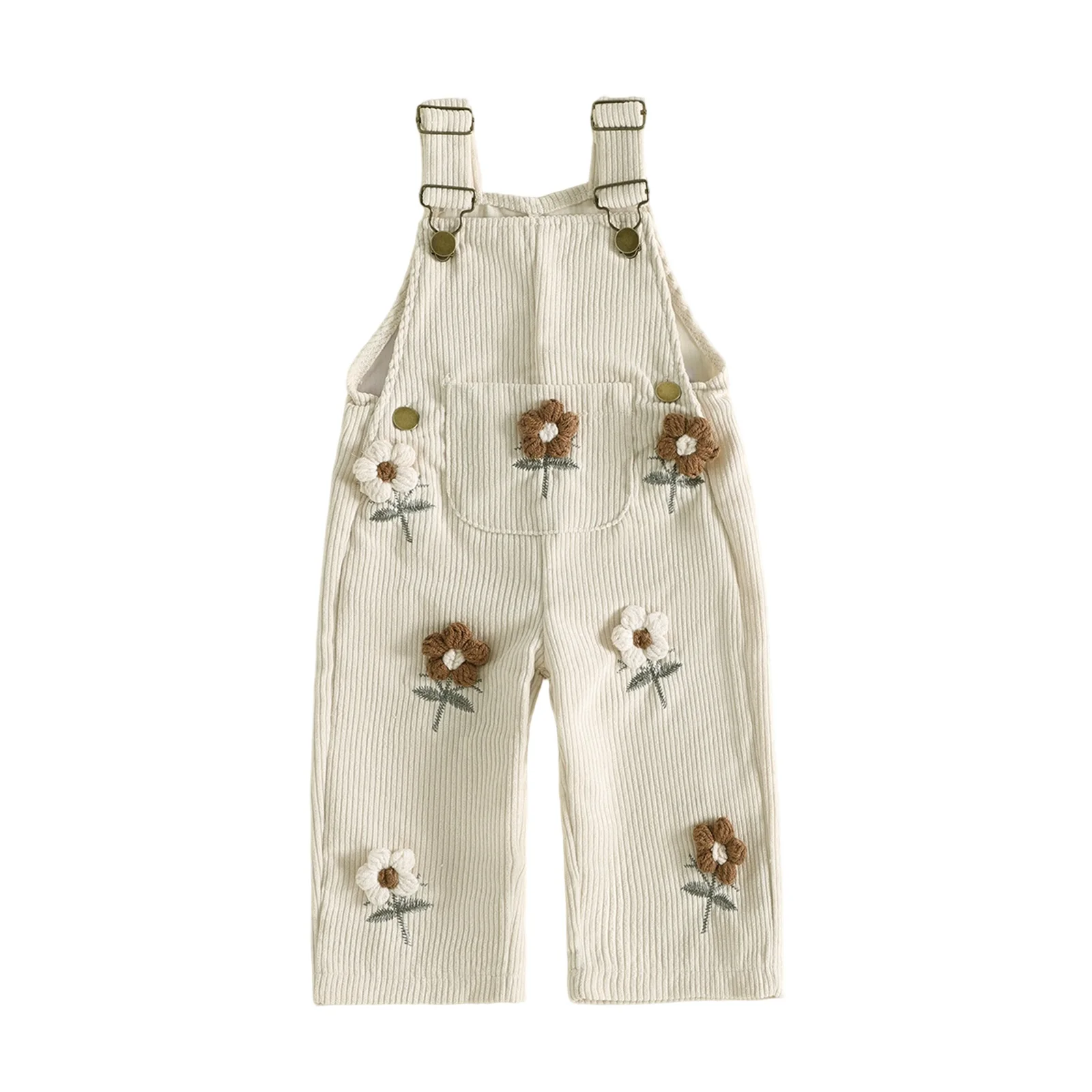 Kids Girls Overalls Sweet Embroidery Flower Corduroy Buckle Closure Pants