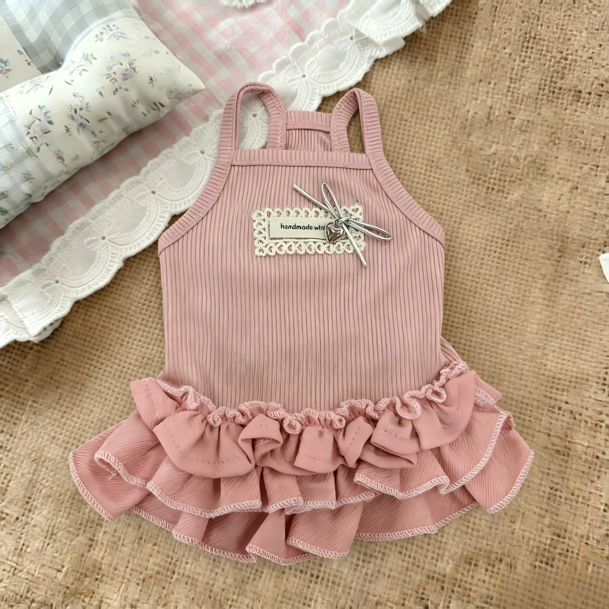Sweet Ribbed Sling Pet Dress Lace Label Tiny Bow Double Ruffle Hem Sleeveless Summer Tank Outfit for Small Dogs Cats