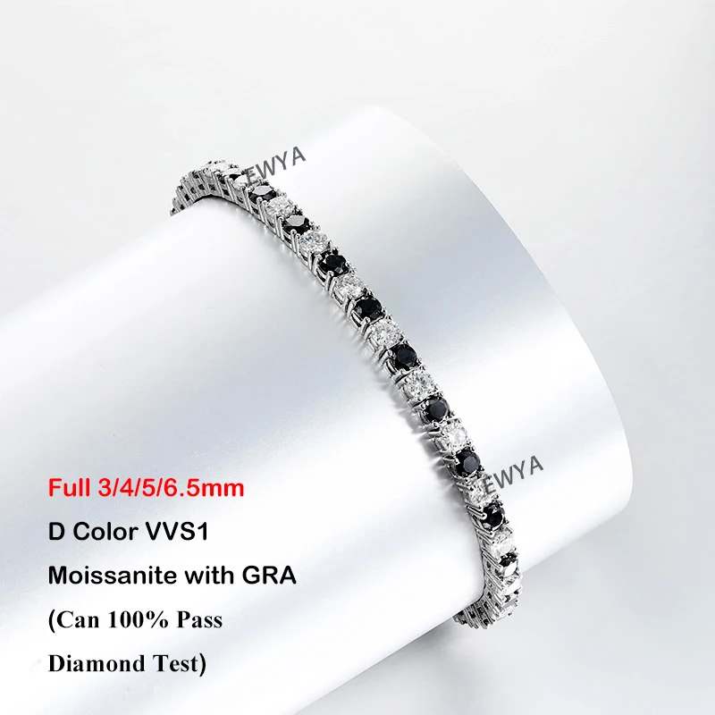 EWYA Full 3/4/5/6.5MM D Color Blue Green White Moissanite Tennis Bracelet for Men Women S925 Silver All Diamond Link Bracelets