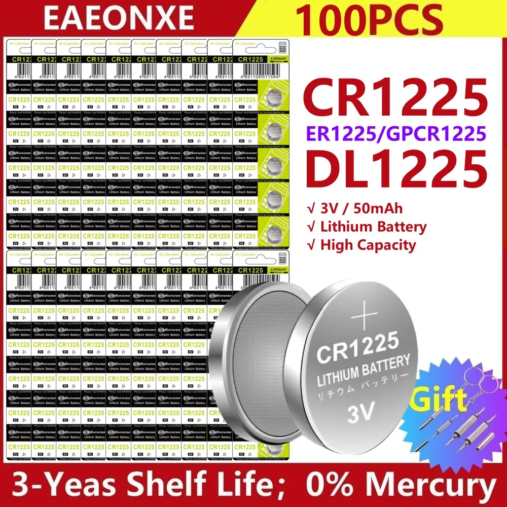 100 шт. 3 В литиевая батарея CR1225, совместимая с DL1225 BR1225 KL1225 L1225 ECR1225 KCR1225 для калькулятора, часов, ключа от машины